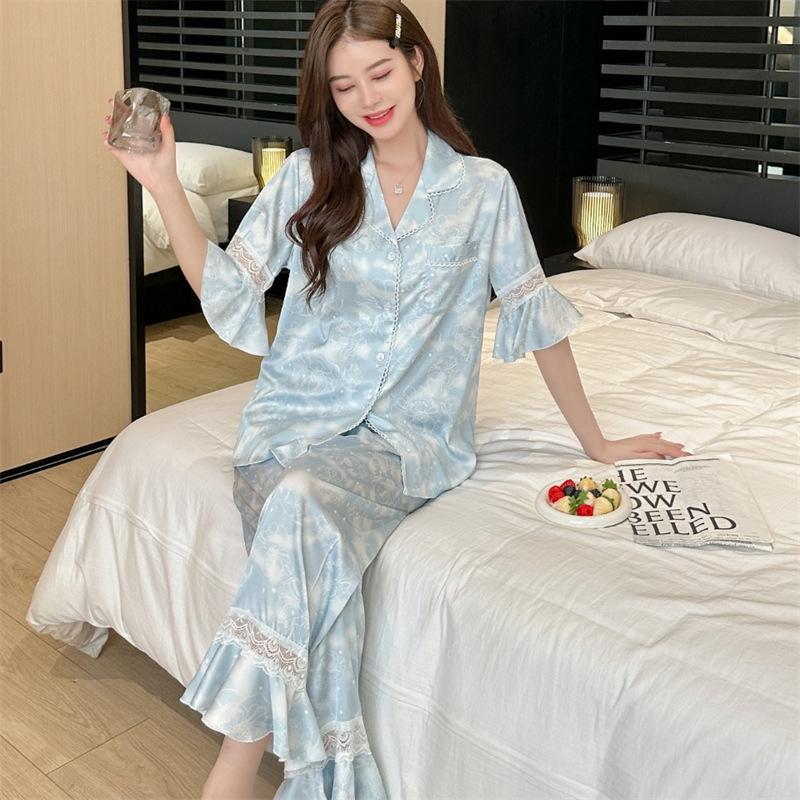 New Arrival Lace Pajamas for Women Spring and Autumn Thin Short-sleeved Trousers Cardigan Set Hollow Ice Silk Pajamas Set
