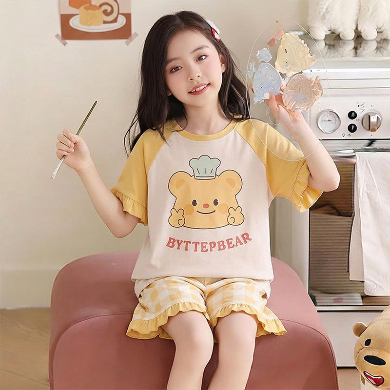 Girls' Summer Pajama Set: Cute Short Sleeve Pullover & Loose Two-Piece Home Wear for Kids