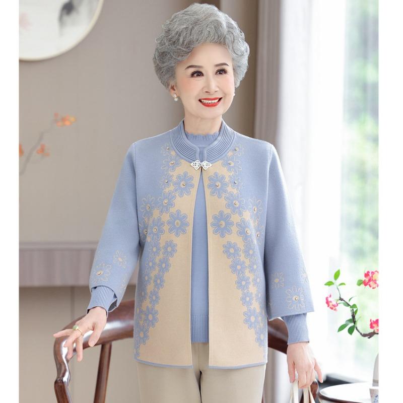Middle-aged Elderly Women's Winter Velvet Tops, Mother's Autumn Clothes, Wedding Banquet, Tang Clothes, Cardigan, Grandma Sweater, Two-piece Set