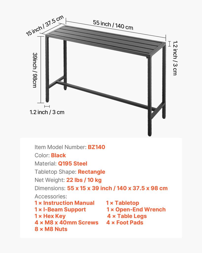 VEVOR Outdoor Bar Table, 140 X 37.5 Cm Patio Bar Table, Waterproof Top & Sturdy Metal Frame, Rectangle Counter Height Dining Tables