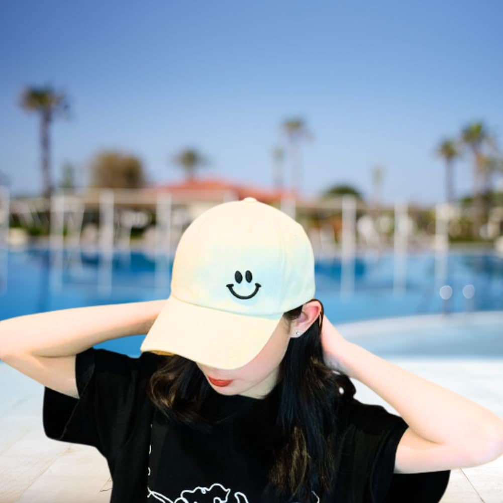 Smile Face Embroidered Unisex Baseball UV Sun Casual Outdoor Cap, Cap, White/Black, Adjustable, Protection, Protection,