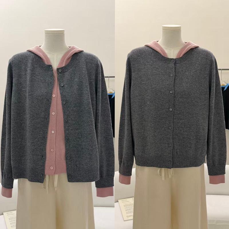 Women's 2026 Spring Double-Breasted Hooded Wool Cardigan Sweater - Color Block, Fake Two-Piece Design
