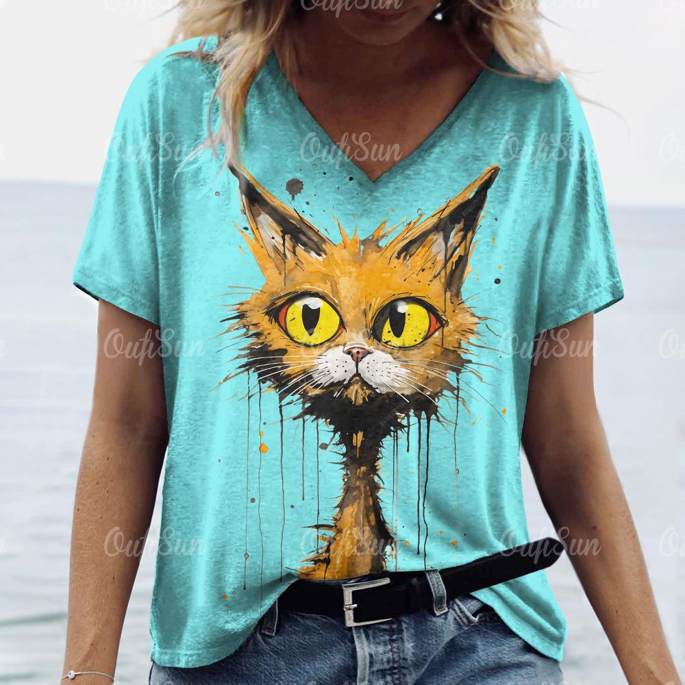Tricou de vară pentru femei, cu imprimeu de pisici, tricouri 3d, cu mânecă scurtă, la modă, îmbrăcăminte de stradă, pulover cu gât turnu, îmbrăcăminte supradimensionată pentru femei