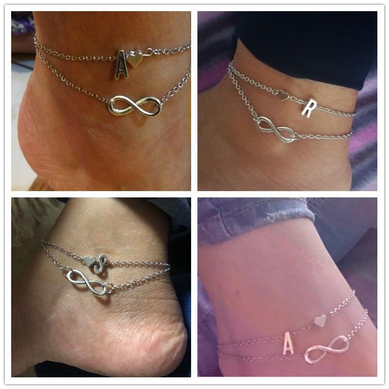 Boho Initial Anklet Heart Infinity Stříbrná barva kotníkový náramek na řetízku na noze Náramky s 26 písmeny pro ženy šperky na kotník plážová noha