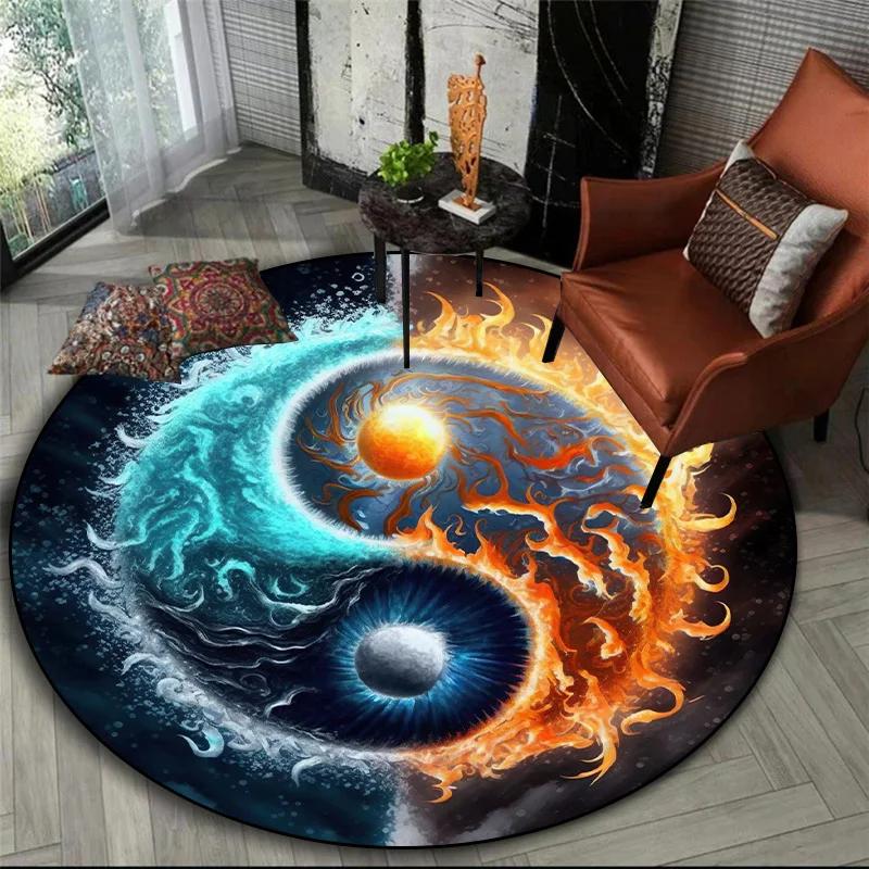 Mythical Animals Round Area Rug–Tiger,Dragon Lion with Tree of Life Fantasy Carpet for Living Room,Bedroom or Meditation Space