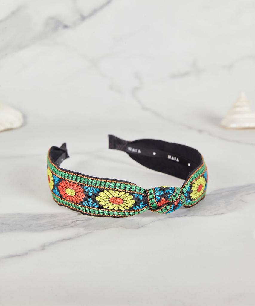 Maia Green Flower Jacquard Hairband - Knot Type Orange Green