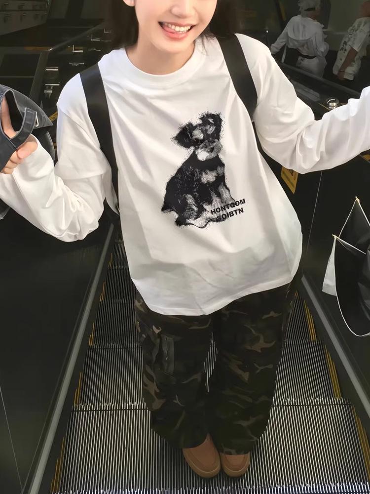 Mångsidig Vit Bomull Långärmad Hundtecknad T-shirt för Kvinnor