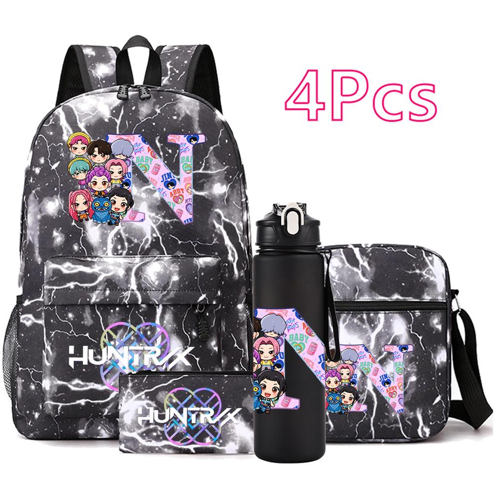 4 Stück/Set 26 Englische Buchstaben KPop Aufdruck Rucksack mit 750 ml Wasserflasche für Teenager Schüler Mädchen Junge Schultasche Kindergeschenk Große Kapazität Reisetasche
