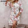 Women's Fashion Summer Spring Flower Pattern Print 3/4 Sleeves O-Neck High Waist Casual Dresses