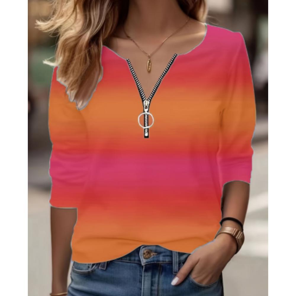 Autumn and Winter Zipper V-neck Long-sleeved Love Cute Printed Casual Tops Women's Shirts Fashion Loose Shirts Tops for Women