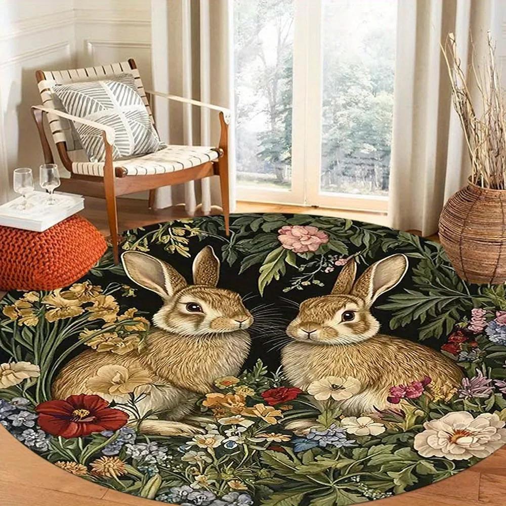 Ostern Retro Floral Kaninchenmuster Runder Bereichsteppich Schlafzimmer Wohnzimmer Gartendekor Wohnzimmerteppich Dekorative Fußmatte