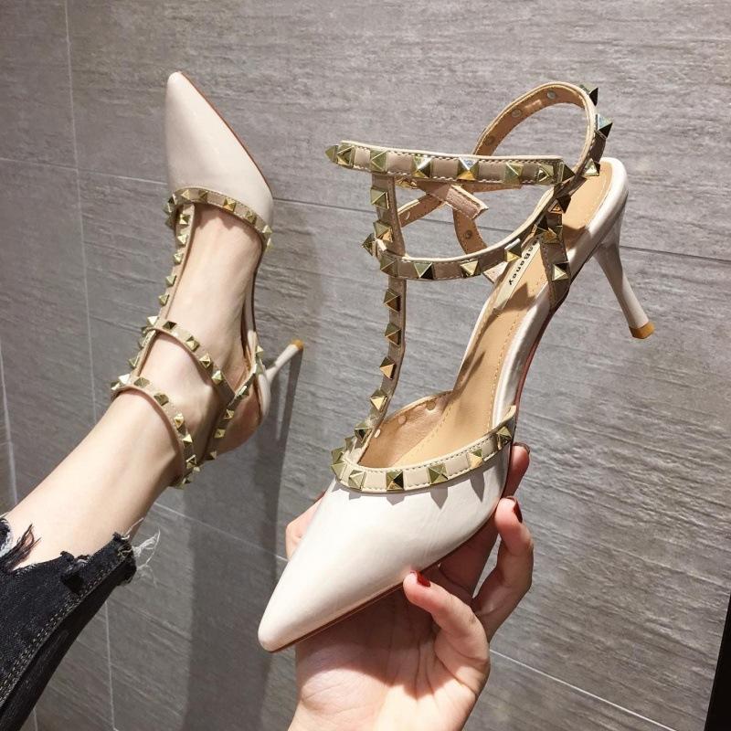 Rivet High Heels Women'S Stiletto Single Shoes Versatile Summer Sexy Pointed T-Shaped With Empty Willow Sandals Women