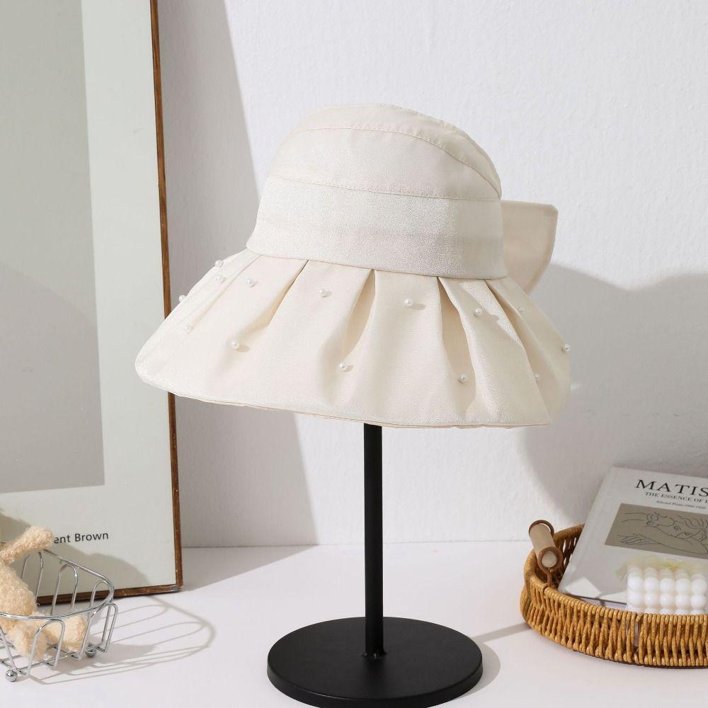 Korean Fashion Sun Protection Women Pearl Bucket Hat Anti-UV Windproof Big Brim Sun Hat All-match Beach Cap Women Men