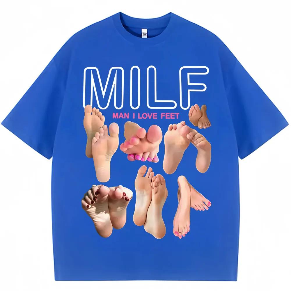 Summer Men's MILF Men, I Love Feet, Funny Meme Pattern Printed T-shirt, 100% Cotton, Casual Streetwear, Foot Fetish