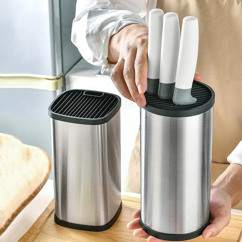 Steel Kitchen Area Plug Seat Knife Holder Multifunctional Storage Rack Knife Organizer Sleek Style Square Round Bucket
