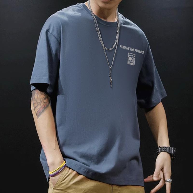 Summer Pure Cotton Short Sleeved Printed T-shirt Men's Loose Round Neck Men's Top Base Shirt Trend Top
