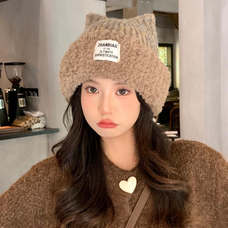 Fashionable and Versatile Patch Plush Knitted Hat Korean Casual Windproof Warm Hat Big Head Surround Women's Hat
