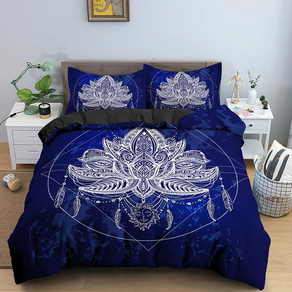2/3pcs Bed Set Bohemian Lotus Duvet Cover Set Mandala Flower Quilt Cover Adult Black Polyester Bedding Set Queen King Twin Teens