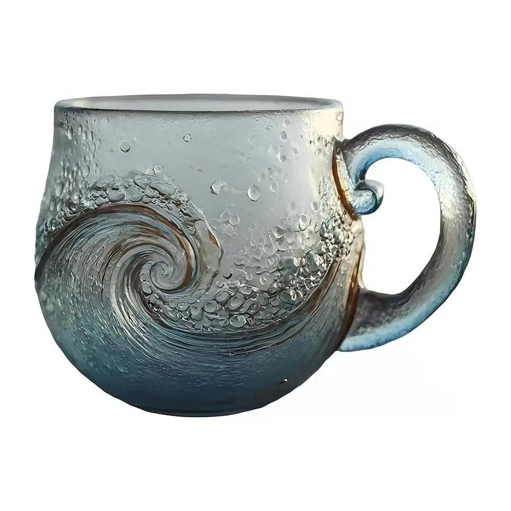 Ocean Themed Glass Coffee Mug With Sea Wave Design For Beach Bar Workplace Travel Use Unique Handmade Gift Idea