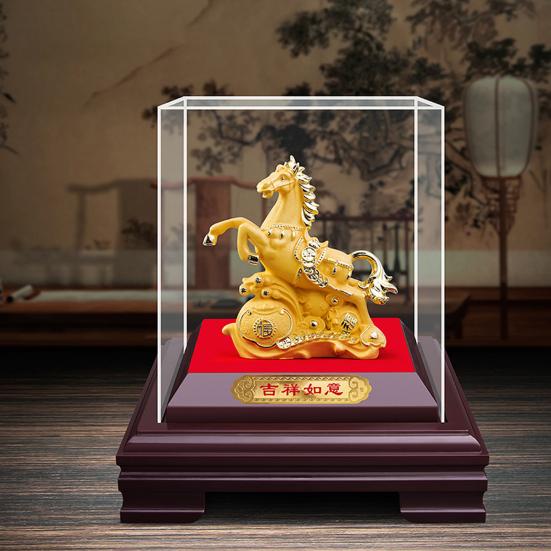 Figurine Yousheng Cheval d'Or Porte Bonheur Richesse Style Chinois Statue de Cheval Décoration Fengshui Ornement de Bureau Maison Bureau