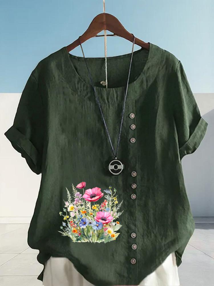 Women's Fashion Flower Bed Printing Round Neck Short Sleeve T-shirt Casual Cotton Linen Graphic Shirt Leisure Loose Summer Blouse Tops