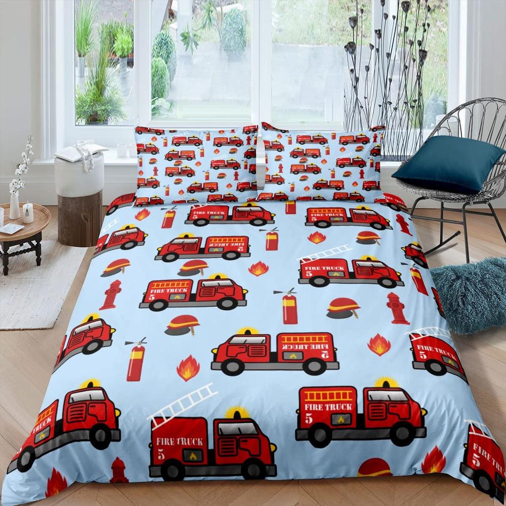 Firefighter Truck Duvet Cover Set Kids Firemen Car Vehicle Bedding Set For Boys Fire Engine Pattern King Size Comforter Cover