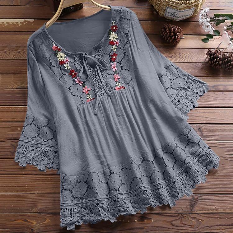 Summer Elegant Holiday Blouse Women Casual Loose Top Cotton Linen Stitching Lace Flower V Neck Solid Tops Shirt