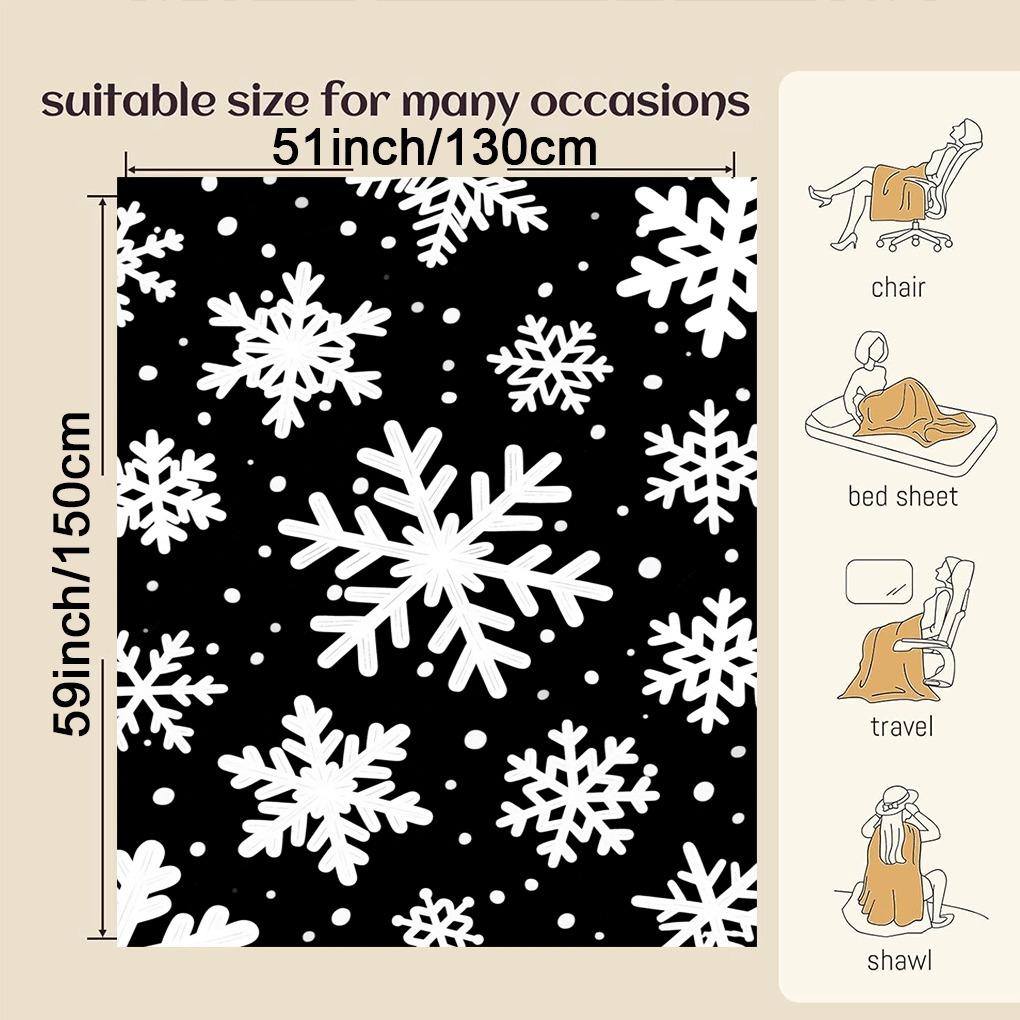 Black and white snowflake pattern printed flannel blanket, suitable for sofas, chairs, and bedrooms.