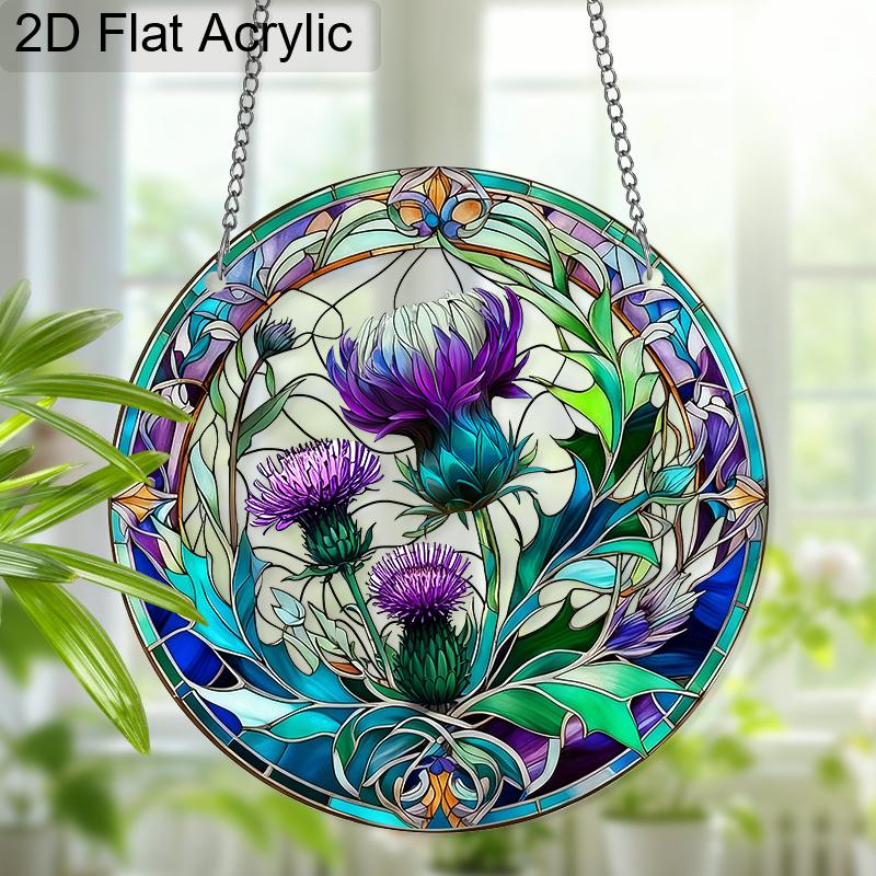 Attrape-soleil Fleur de Chardon Violet Acrylique Effet Vitrail Ornement Suspendu à la Fenêtre Cadeaux pour Amoureux des Fleurs