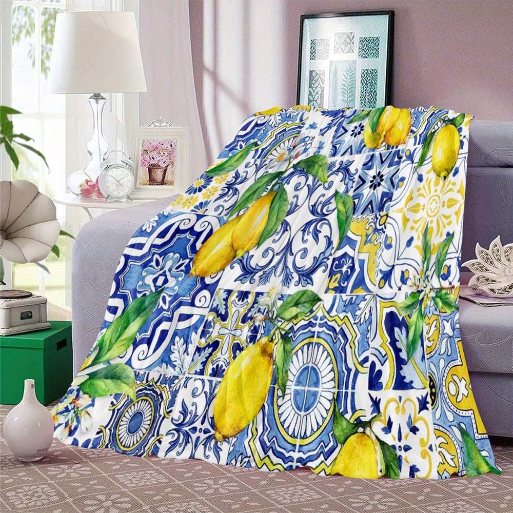 1 Stück Vintage Zitrone Spanische Fliesenprint Überwurfdecke Gemütlich Weich Heimdeko Decke für Sofa Bett Terrasse