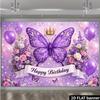 2D Purple Glitter Butterfly Birthday Backdrop Pink Balloon Floral Happy Birthday Party Photo Booth Background Banner