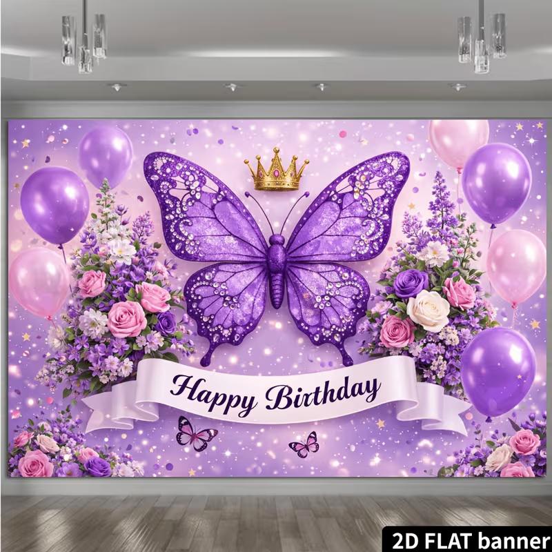2D Purple Glitter Butterfly Birthday Backdrop Pink Balloon Floral Happy Birthday Party Photo Booth Background Banner