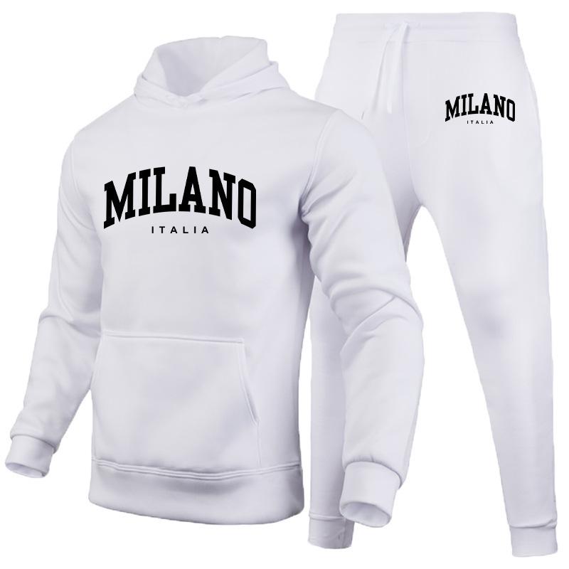 Completo con Felpa con Cappuccio da Uomo Stampa Milan Felpa con Cappuccio da Uomo + Pantaloni da Jogging