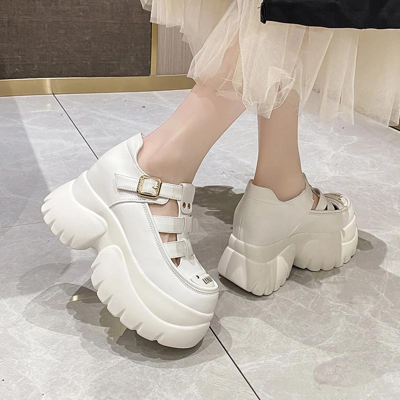 Fashion Fashion Retro 9CM Genuine Leather Wedge Pumps High Brand Hollow Summer Ankle Boots Women Platform Sandals Fashion Buckle Shoes