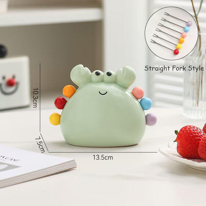 Crab Fruit Fork Set With Ceramic Holder - Stainless Steel Dessert Forks & Cute Storage Jar Kit