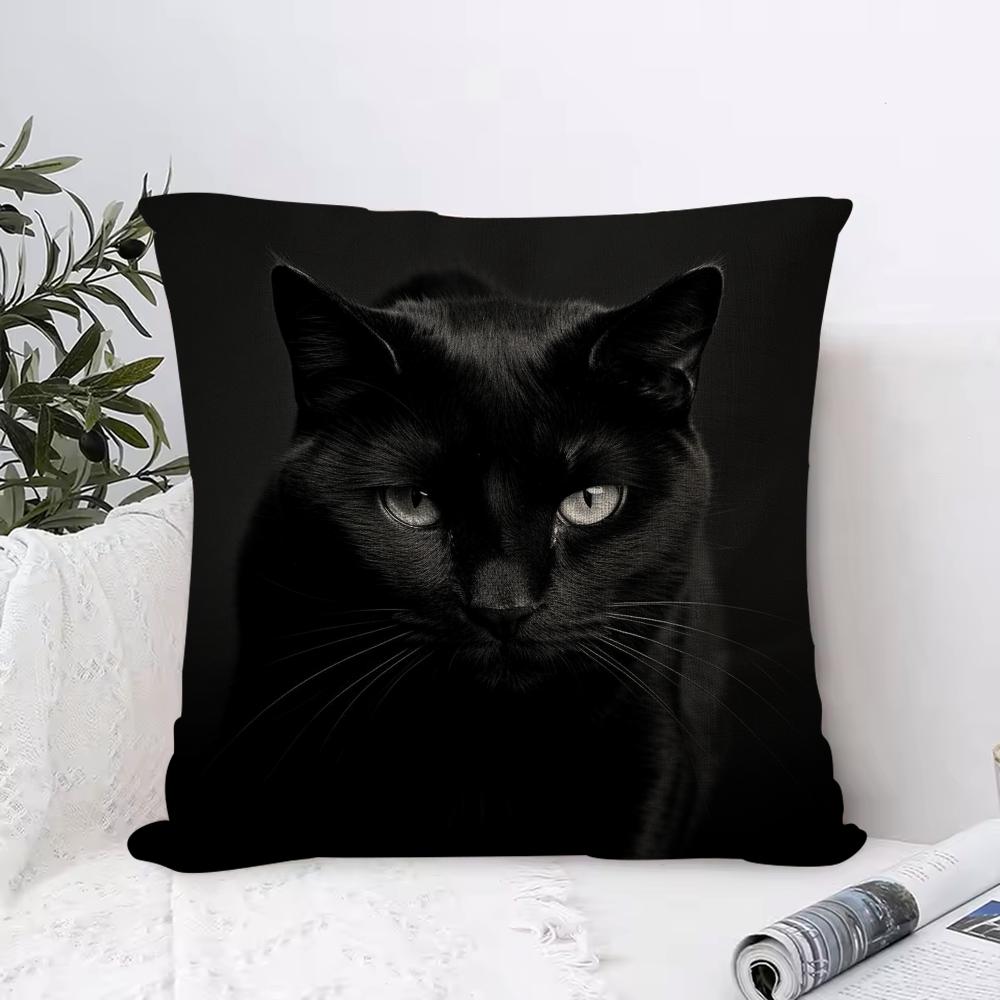 Schwarze Katze Süße Kätzchen Kissenbezug Öko-Leinen Kissenhülle Beidseitiger Druck Atmungsaktiv Langlebig Reißverschluss Heimdekoration Geschenk