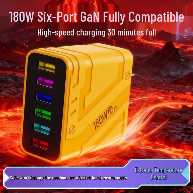 180W GaN Snellader met PD3.0, QC3.0, Super Flash Charge, 6-Poorts USB, Automatische Ontkoppeling