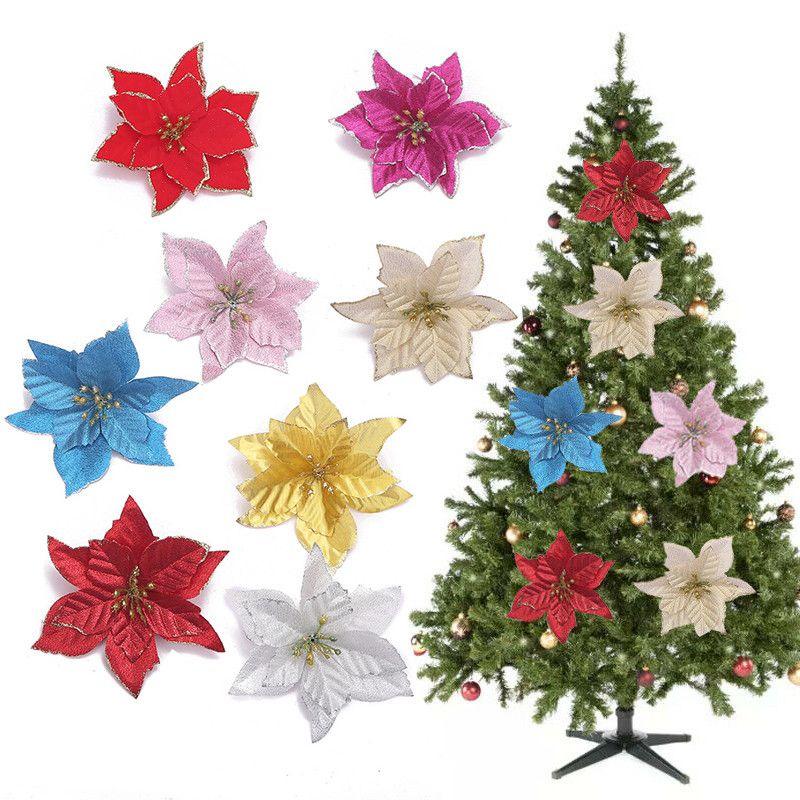 Atemberaubendes 10x Weihnachts Großes Poinsettia Glitzer Blumenset Für Festliche Baumdekoration