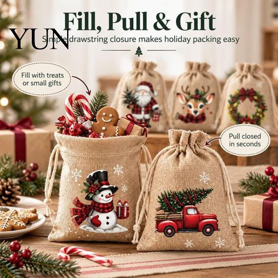 Christmas Party Favor Bags Jute Burlap Gift Bags, Drawstring Treat Candy Reusable Bag, Linen Packaging Pouch for Holiday Favors Theme Materials