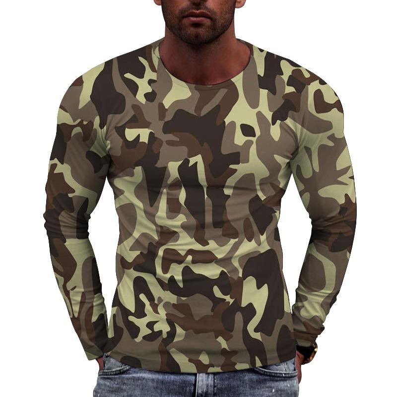 Men's Camouflage Printed Long Sleeve T-shirt European Size Casual Round Neck Top Trendy Autumn Wear