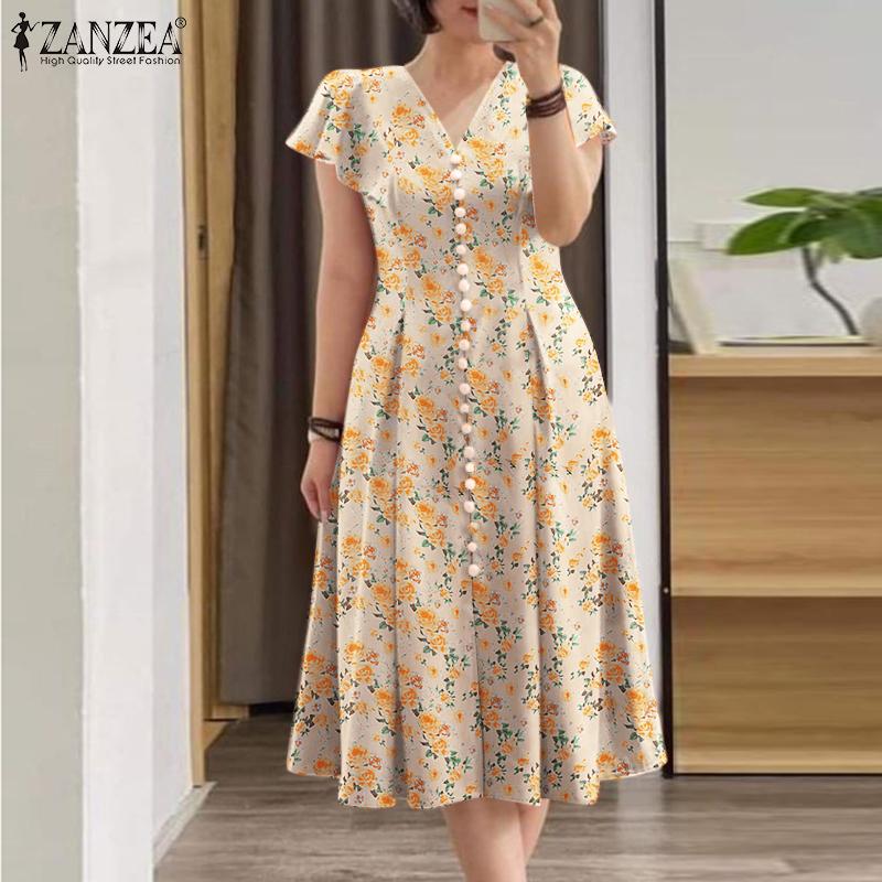 ZANZEA Damen Casual V-Ausschnitt Kurzarm Sommerkleid mit Blumendruck