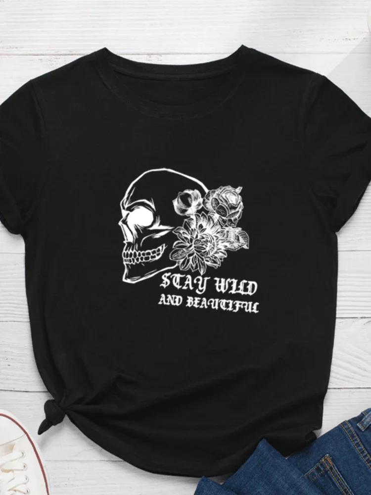 Skull Head Flower Print Women T Shirt Short Sleeve O Neck Loose Women Tshirt Ladies Fashion Tee Shirt Tops Camisetas Mujer