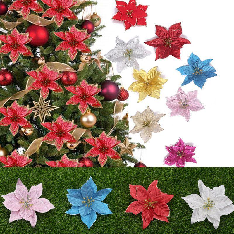 Atemberaubendes 10x Weihnachts Großes Poinsettia Glitzer Blumenset Für Festliche Baumdekoration