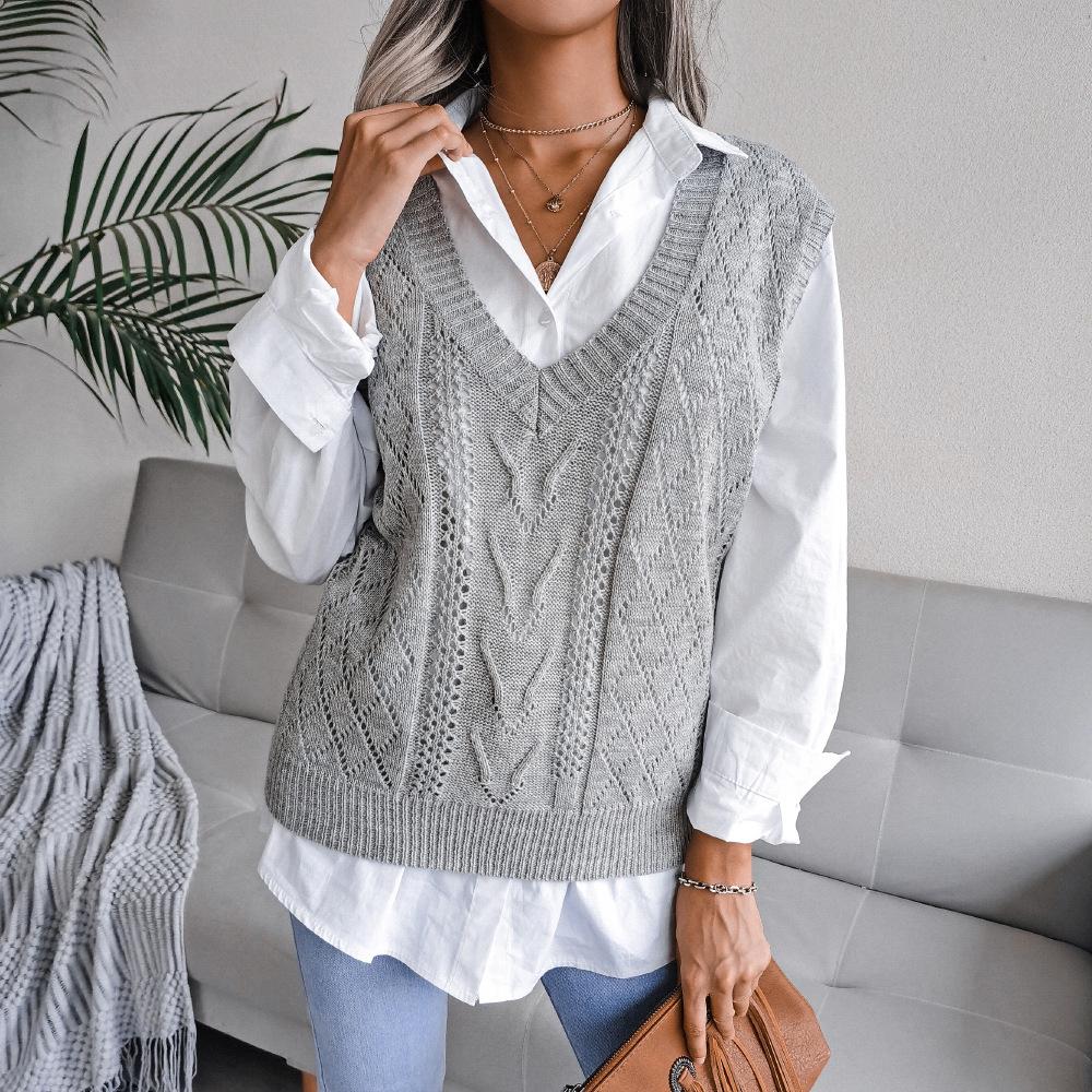 Women's Autumn and Winter Hollow Twist V-neck Knitted Jumper Vest