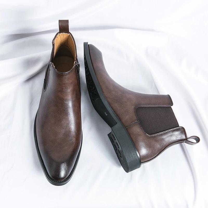 Fashion Brown Chelsea Boots Men Business Black Round Toe Zipper Slip-On Solid Men's Formal Boots Size 38-45