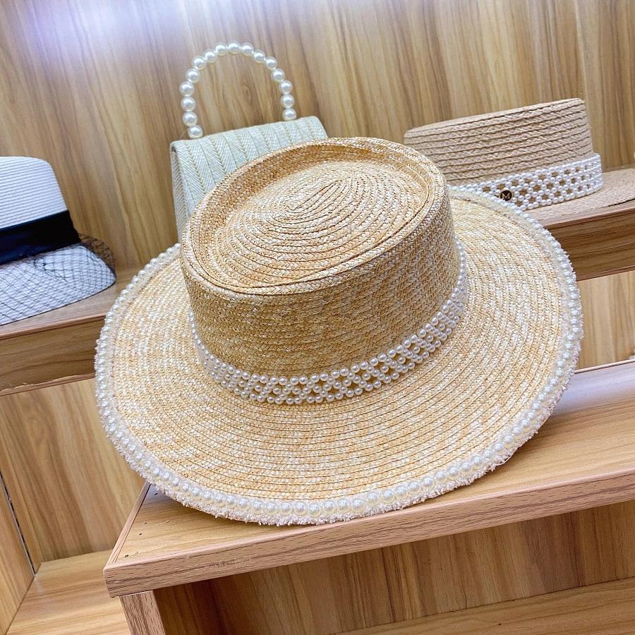 202504-nu ins chic summer natural straw customized tweed pearl ribbon holiday lady sun cap women leisure panama jazz hat