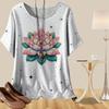 Women's Fashion Casual Loose Spring Shirt Women's Short Sleeve Colorful Lotus Vintage Pattern Printed Tops