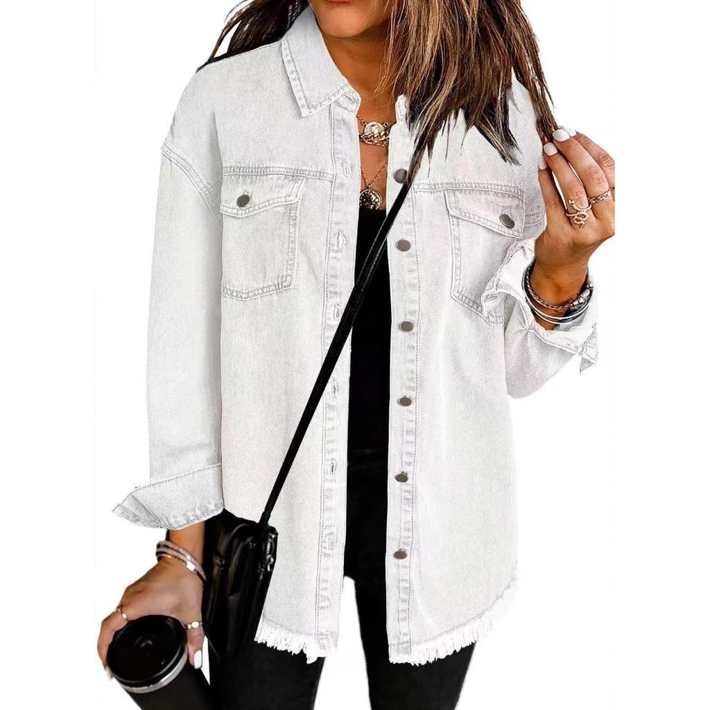 Damen Washed Denim Hemdjacke für Herbst und Winter, Street Style Mantel mit rohem Saum und Vintage-Finish, Oversized Shacket für Freizeitkleidung
