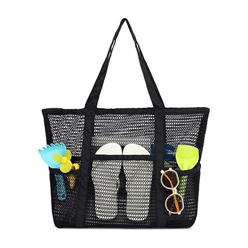 Large Mesh Beach Bag With Multiple Pockets For Travel And Swimming Storage
