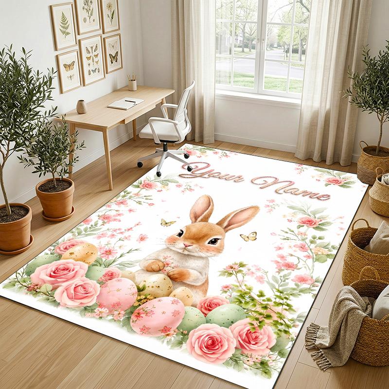 Easter Bunny Theme Crystal Velvet Rug Personalized Custom Name Text Soft Floor Mat Home Decor